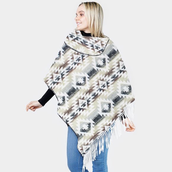 Western Pattern Tassel Poncho - Picture 1 of 2